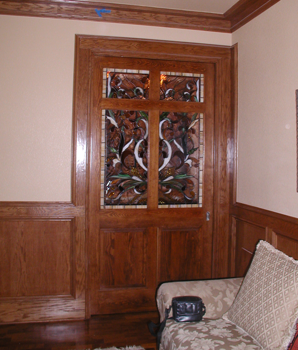 Art nouveau style leaded stained glass pocket door panels