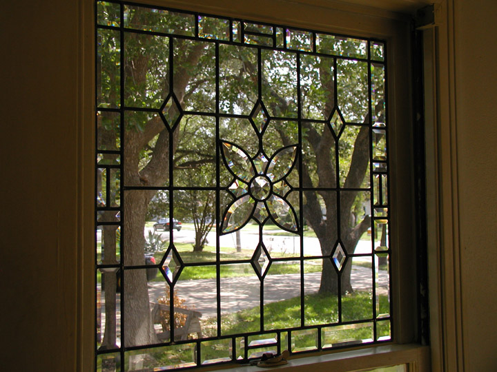 Clear leaded glass panels with bevels. Private residence Lockhart, Texas
