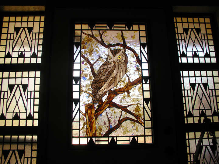 Stained glass Owl entry with Art Deco border and sidelites.