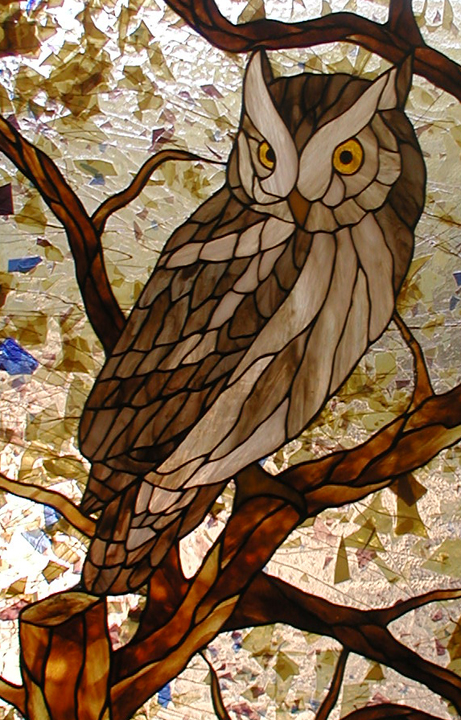 Stained glass Owl entry with Art Deco border and sidelites.