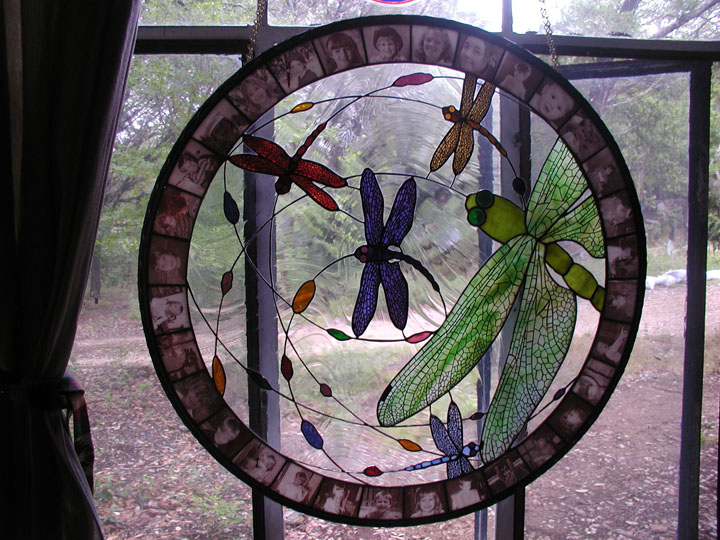 Swirling dragonflies stained glass with photo fused border