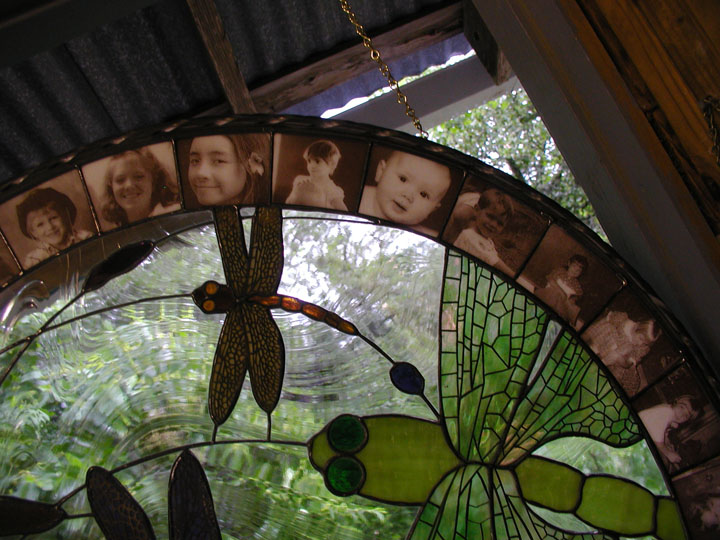 Swirling dragonflies stained glass with photo fused border