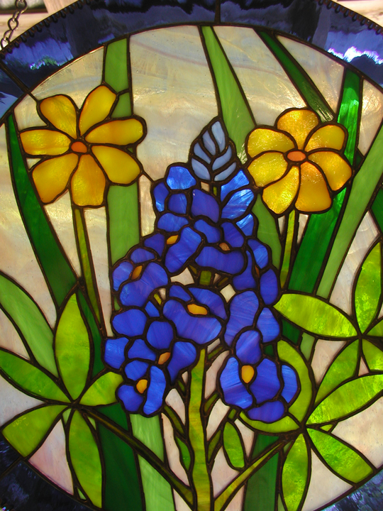 Stained Glass Blue Bonnet hanging panel