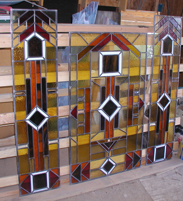 Prairie style stained and leaded glass entryway