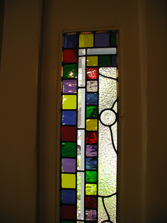 Whimsical abstract leaded glass entryway