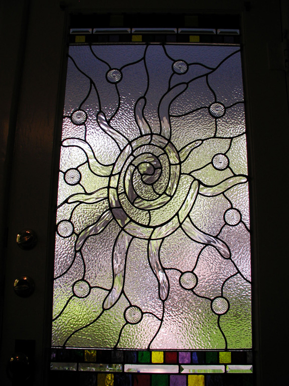 Whimsical abstract leaded glass entryway