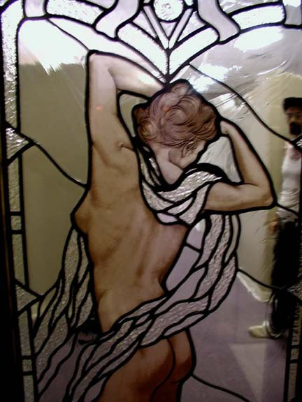 Nude on Clear leaded hand painted stained glass window