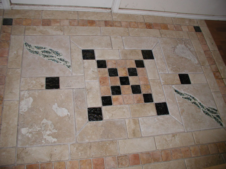 Custom Floor Mosaic with Travertine and Fused Glass