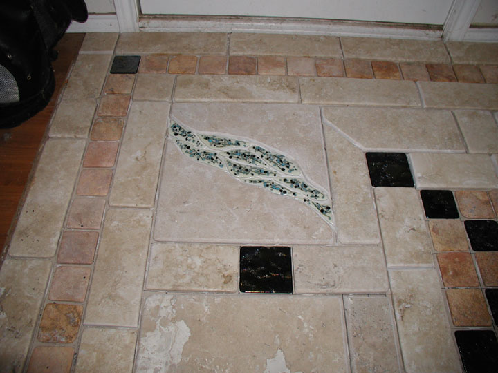 Custom Floor Mosaic with Travertine and Fused Glass