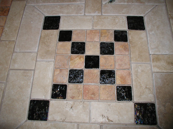 Custom Floor Mosaic with Travertine and Fused Glass