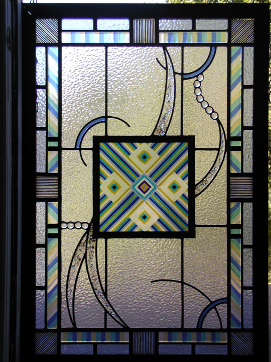 Leaded glass abstract door panel with fused glass elements