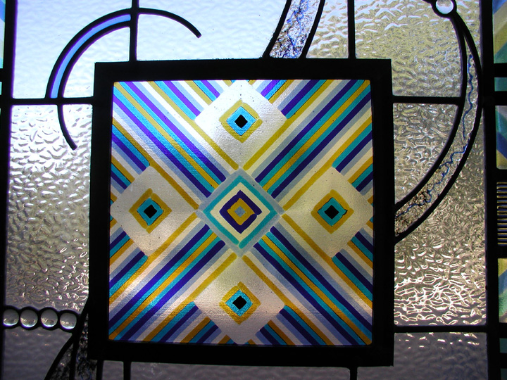 Leaded glass abstract door panel with fused glass elements