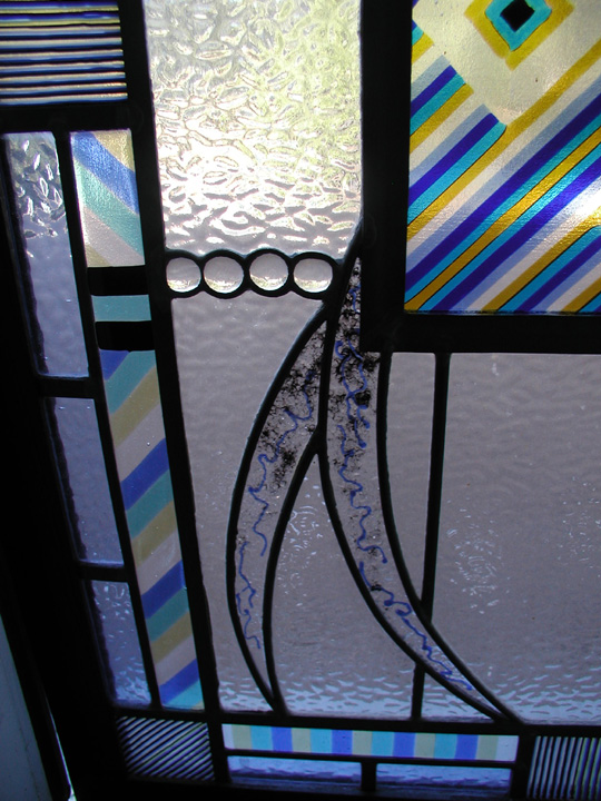Leaded glass abstract door panel with fused glass elements