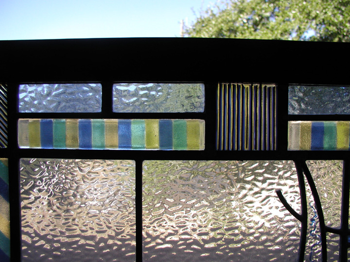 Leaded glass abstract door panel with fused glass elements
