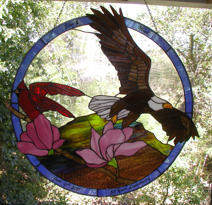 Eagle and Cardinal stained glass window hanging