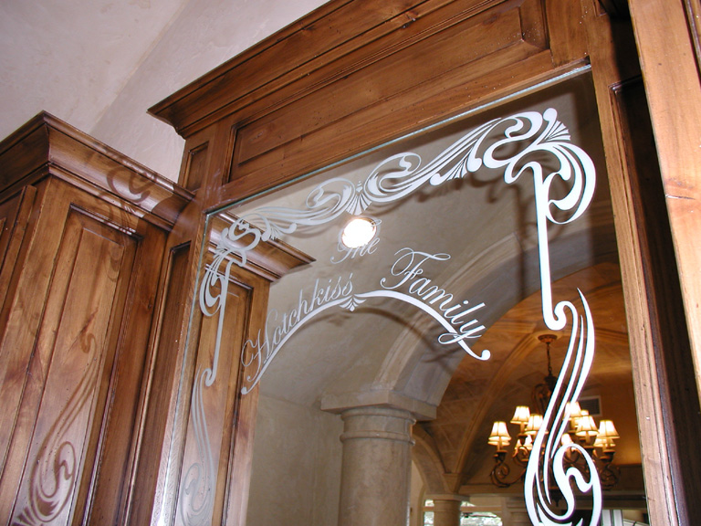 Custom Etched Glass Mirror for Built in Bar