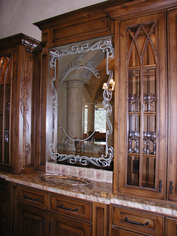 Custom Etched Glass Mirror for Built in Bar