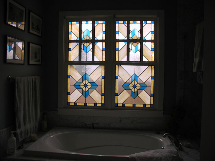 Leaded glass geometric bathroom privacy windows