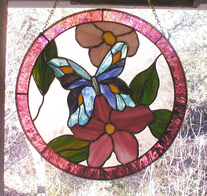 Butterfly and flower stained glass hanging panel