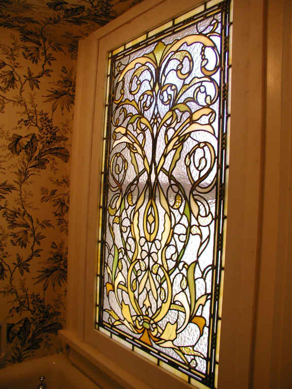 Bathroom stained glass window for landmarked home