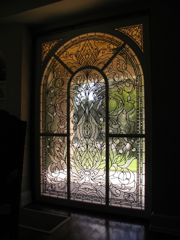 6 foot by 8 foot leaded clear textured glass window