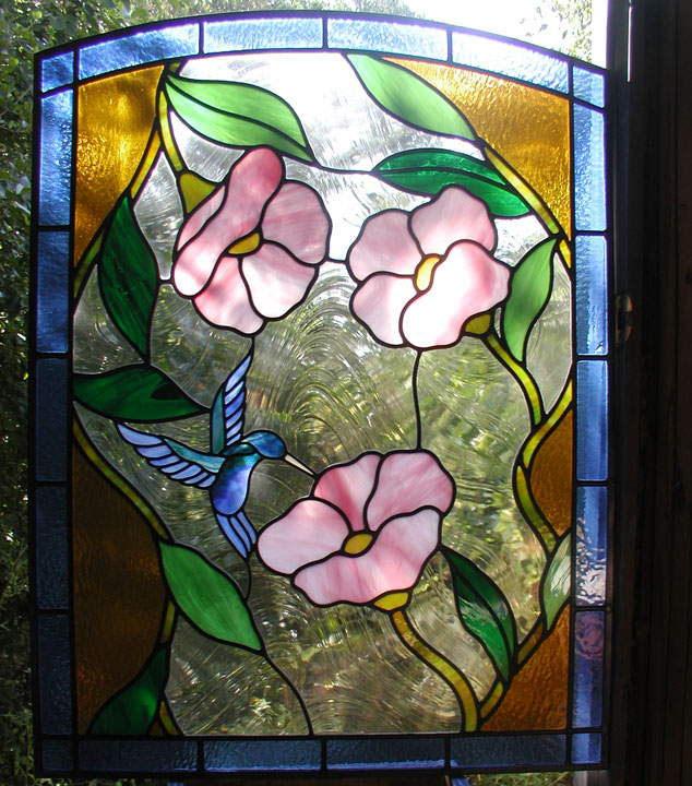 Hummingbird and Flowers stained glass door panel