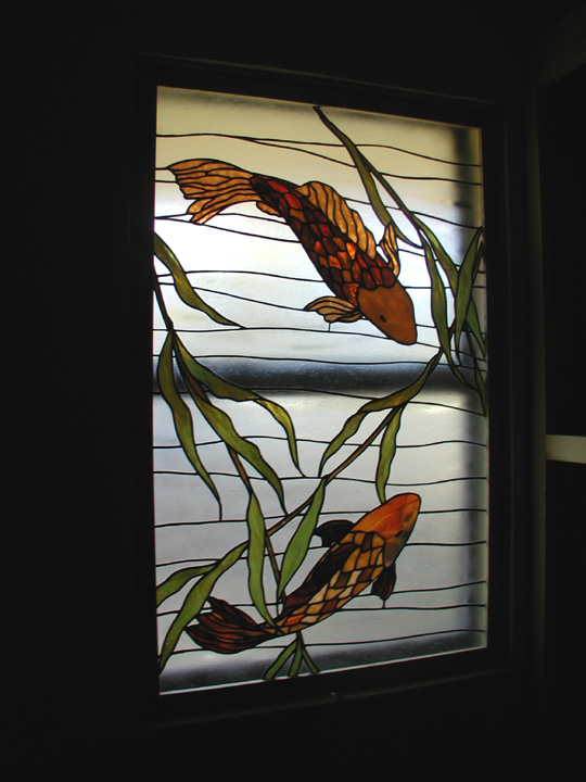 Koi fish stained glass bathroom privacy window