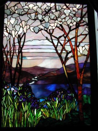 Magnolia and Iris Tiffany reproduction stained glass window