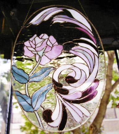 Oval rose stained glass hanging panel