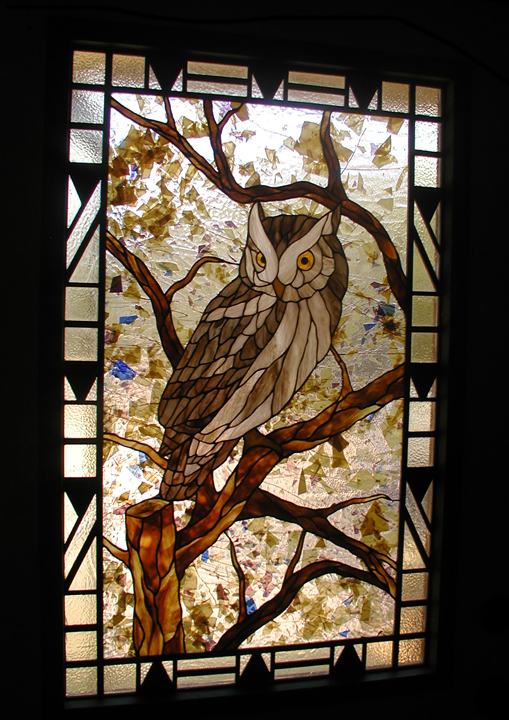 Stained glass Owl entry with Art Deco border and sidelites.