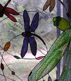 Swirling dragonflies stained glass with photo fused border