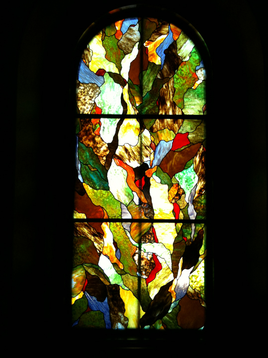 Abstract stained glass hallway window