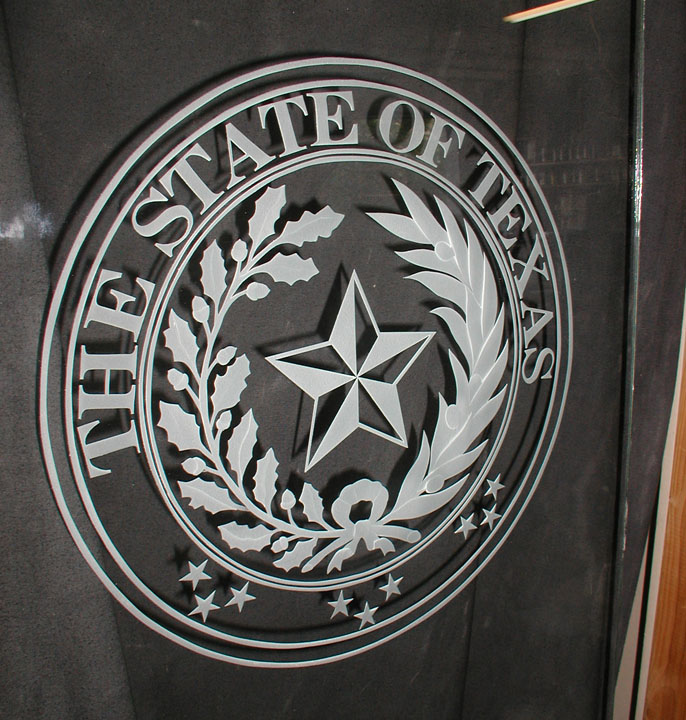 State of Texas Seal Carved Glass Door