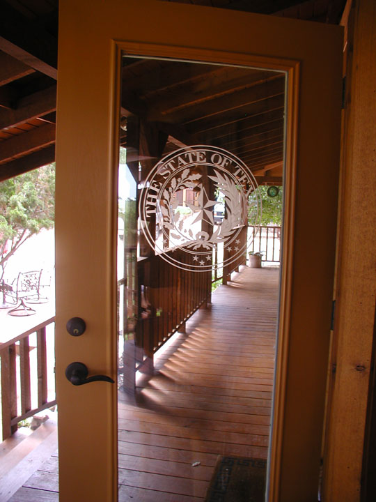 State of Texas Seal Carved Glass Door