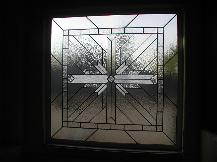 Geometric abstract leaded glass bathroom privacy window