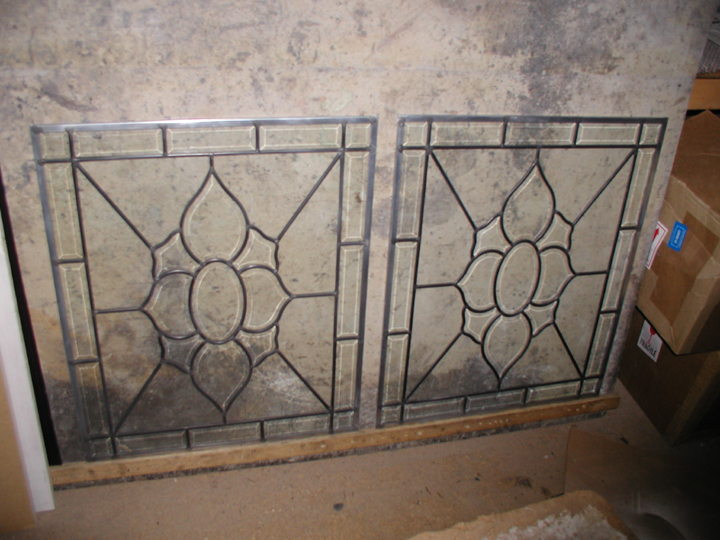 Leaded beveled glass stairway landing windows