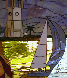 Stained Glass Scene with Lighthouse and Sailboats