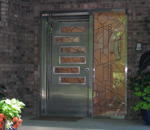 Abstract leaded clear textured glass and bevels entryway for Securall Doors