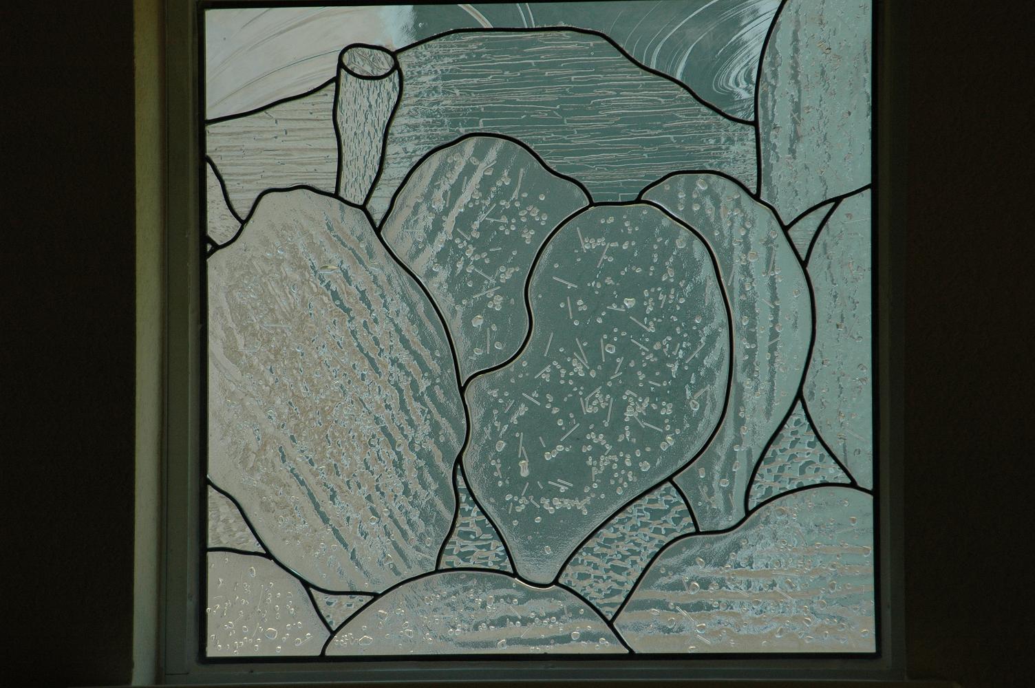 Leaded clear textured and fused glass cactus windows
